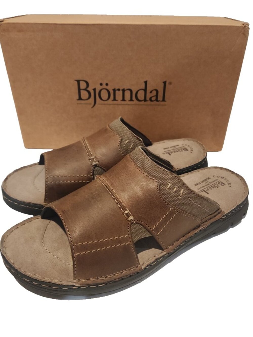 BJORNDAL size 12 Mens Leather Sandals Slides Casual slip on open toe shoes brown